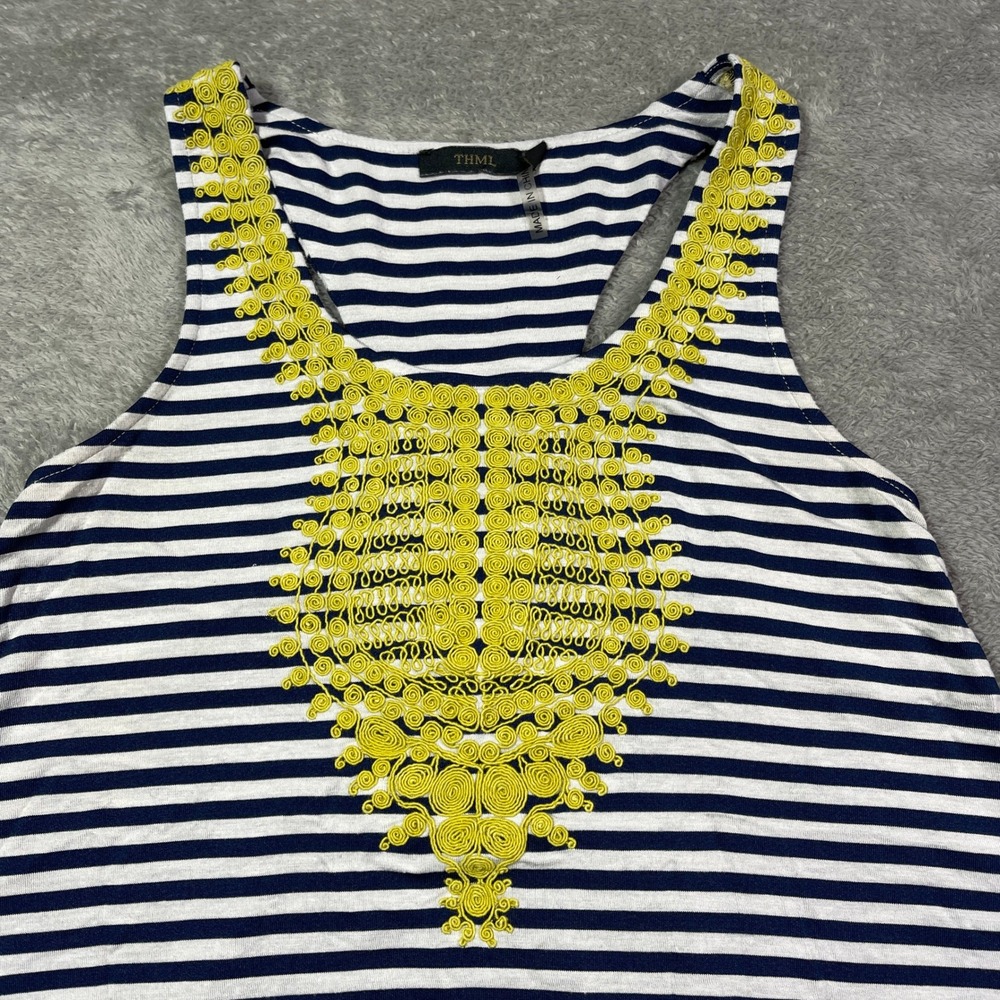 THML‎ Anthropologie Striped Tank Top XS Racerback Yellow Detail Navy Blue Top